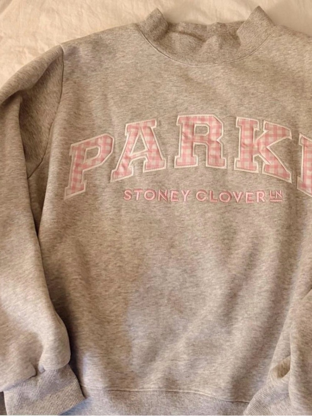 RARE Stoney Clover Lane Grey Sweatshirt with Pink Gingham 'PARKE’ L/XL